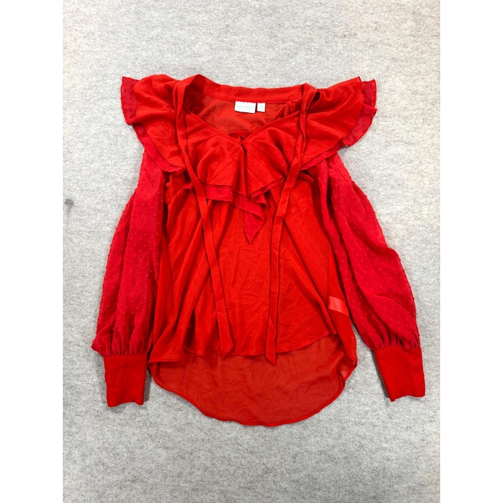 Bisou Bisou Ruffle Blouse Top Womens Small Red Long Sleeve Swiss Dot Front Tie